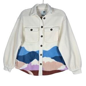 SO Jacket Womens XS Cream Sherpa Fleece Mountain Print Outdoors Camping Gorpcore